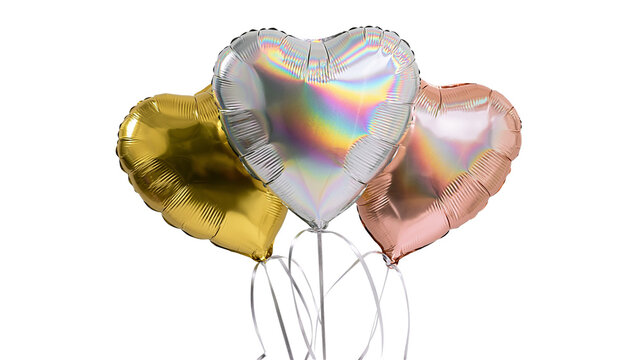 Three metallic heart-shaped balloons in gold silver and rose gold, isolated on transparent background