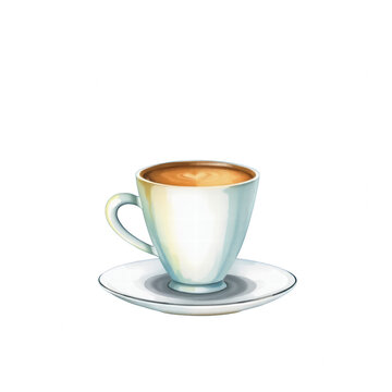 White coffee cup with latte art on saucer