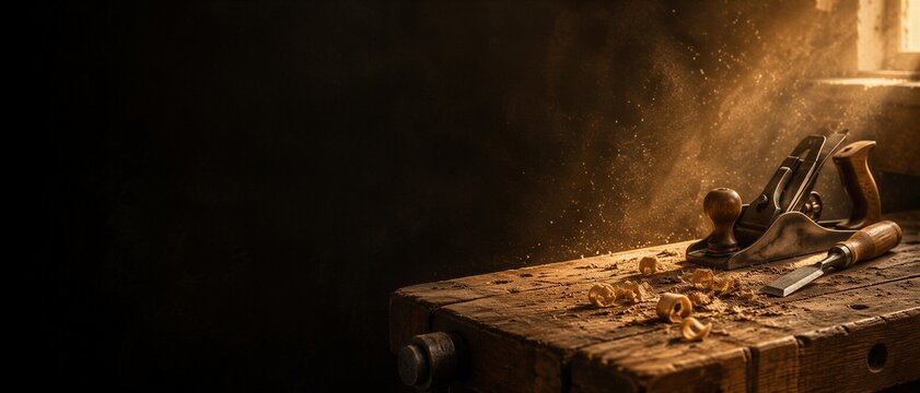 Woodworking plane and chisel on rustic workbench with wood shavings. Traditional carpentry workshop background with dramatic golden light. Professional tool for construction and diy.