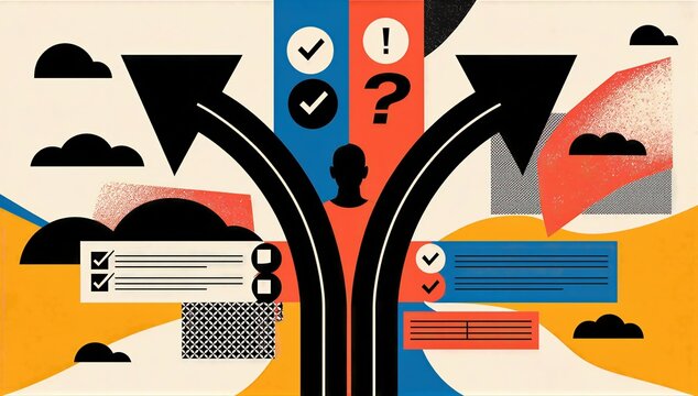 Abstract road split with arrow sign, check mark and question mark icons showing a choice between two path and the challenge of decision making.