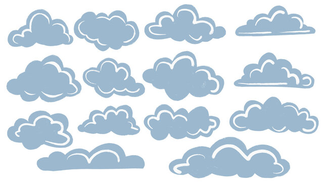 Collection of hand drawn cloud doodle illustrations featuring various cute cartoon cloud shapes in a clean minimalist style.