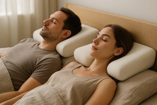 Man and woman lying in bed with ergonomic pillows, soft bedding, and natural light coming through sheer curtains in a cozy bedroom
