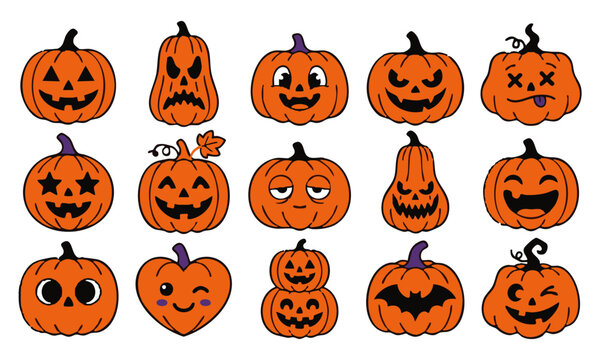 A collection of 15 cartoon black cat illustrations featuring various poses including sitting, stretching, crouching, and playing for Halloween themed designs on a white background