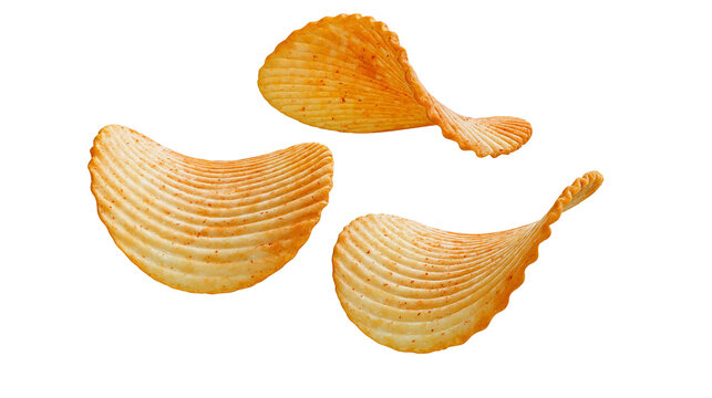 Three ridged potato chips with golden brown color, isolated on transparent background