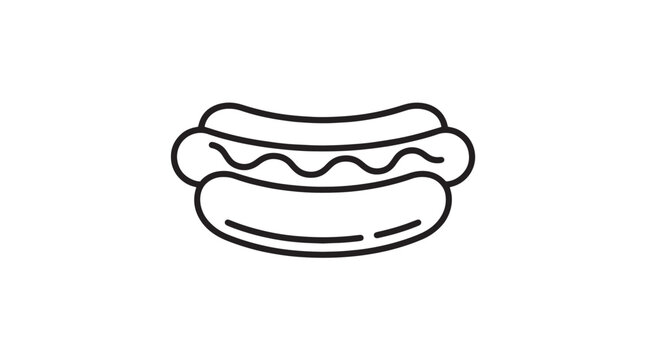Minimalist hot dog line icon vector, grilled sausage in bun with mustard drizzle, simple fast food snack illustration for restaurant menus
