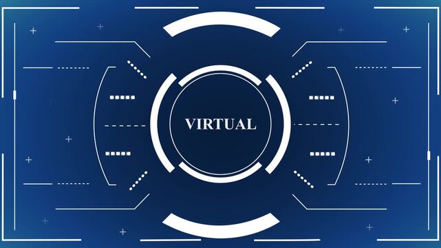 A futuristic blue holographic user interface displaying the word 'virtual' inside a circular target design. The technological screen features clean vector lines and a sci-fi HUD aesthetic.
