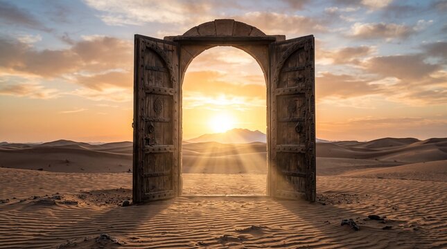 Ancient wooden doorway opens in a vast desert, illuminated by a radiant sunrise, symbolizing new beginnings, hope, and limitless possibilities