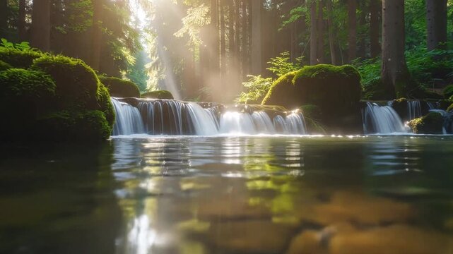 Small forest waterfall with sun rays filtering through trees.