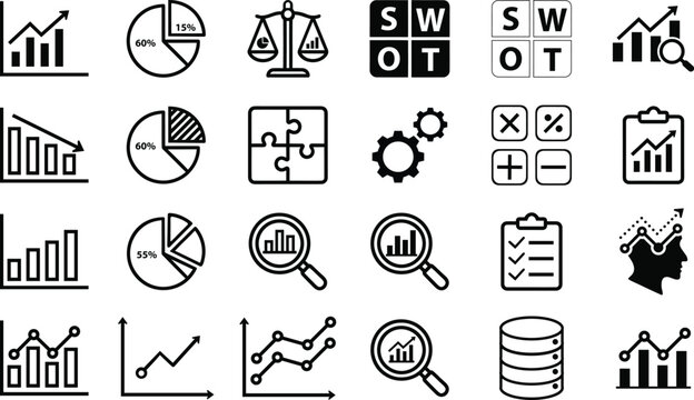 Analytics icon set with 25 solid icons. Data analysis, metrics, KPI, ROI, segmentation, A/B testing, charts, reports and performance black icons for marketing analytics, dashboards, web and app design