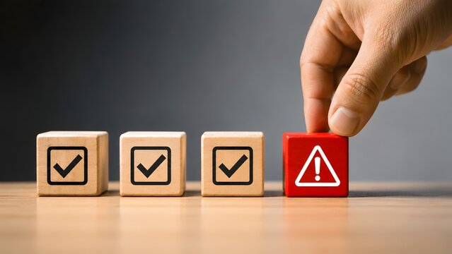Hand selecting red block with warning alert triangle among checkmark blocks representing error detection and quality control anomaly