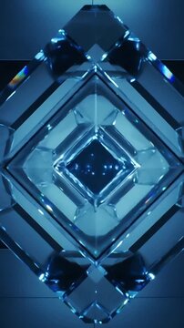Vertical video: Camera panning crystal rotating in studio, revealing inner facets and blue flares