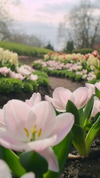Vertical video: Pushing camera low from ground at park, revealing pale pink blooms and red tulip