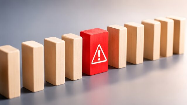 Red wooden block with warning triangle standing out in line representing business risk anomaly and error detection