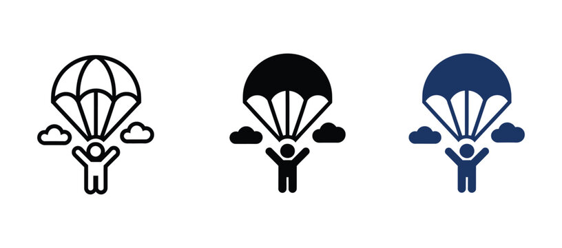 Skydiving parachute icons featuring adventure sports, freefall activities, parachuting equipment, and clean minimalist vector graphics for outdoor recreation and travel design.