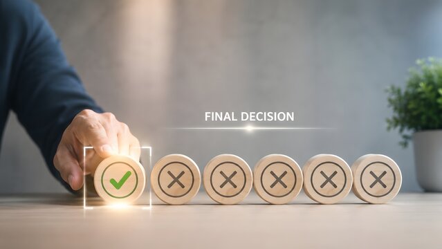 Hand selecting wooden block with green checkmark for final decision representing business approval and correct choice