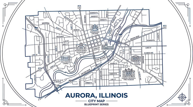 Aurora, Illinois City Map Blueprint Series - Detailed Street Grid and River