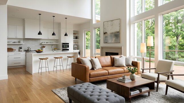 Modern Open-Concept Living Room and Kitchen With Leather Sofa, Large Windows and Natural Light