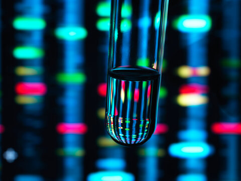 Genetic Research, DNA profile reflected in a test tube containing a sample