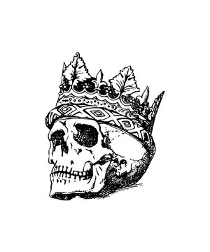 King Skull Wearing Ornate Crown Vintage Gothic Engraving Line Art Vector Illustration Isolated on White