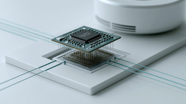 Explosion view of a smart thermostat showing wireless communication chip, temperature sensor array, and AI prediction module hovering in precise alignment on white background,