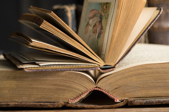 Two opened book in a historic library, close-up