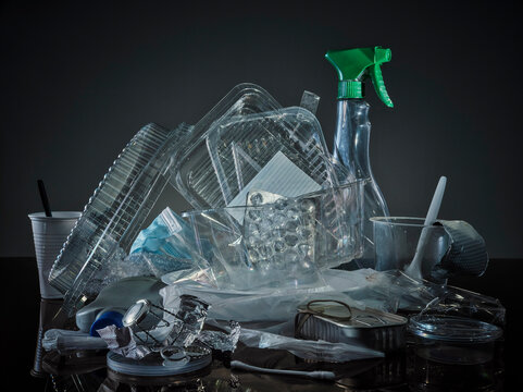 Studio shot of small heap of plastic and aluminum garbage