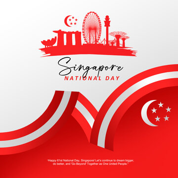 Modern Patriotic 61st Singapore National Day 9th August 2026 illustration featuring iconic skyline landmarks, patriotic flag colors, and abstract ribbon wave. 