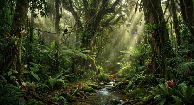 Lush Tropical Rainforest with Flowing Stream, Sun Rays and Exotic Wildlife