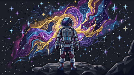 Astronaut Standing on Rocky Planet Surface Looking at Vibrant Cosmic Nebula, Stylized Vector Illustration of Space Explorer in Articulated Suit Against Colorful Galactic Background with Stars © Gavinstudio