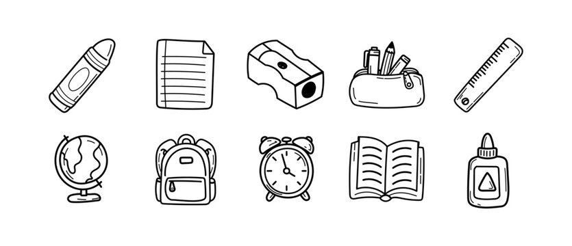 Set de pictogrammes minimalistes des essentiels scolaires : feuille, taille-crayon, trousse, r&egrave;gle, globe, sac &agrave; dos, r&eacute;veil, livre ouvert, crayon et accessoires de rentr&eacute;e.