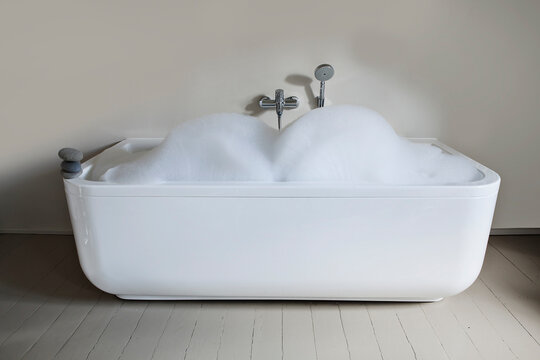 Modern white bathtub filled with foam shaped like breasts indoors