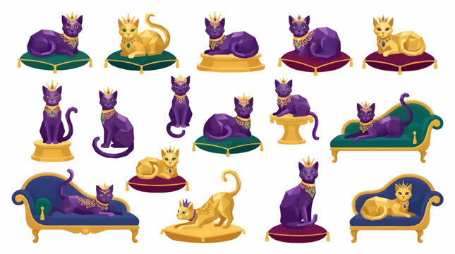 Collection of Regal Cartoon Cats Wearing Crowns and Jewelry, Posed on Luxurious Cushions and Chaise Lounges, Flat Design Vector Illustration