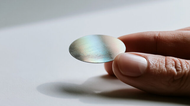 Single graphene supercapacitor wafer balanced on a fingertip against a pure white background, iridescent carbon layers shimmering under directional studio light, micro-circuitry