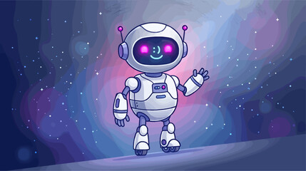 Cute Friendly White Robot with Round Head and Glowing Fuchsia Eyes Waving Hello in Outer Space, Vector Illustration of a Smiling Android Character against a Colorful Nebula Galaxy Background © Gavinstudio
