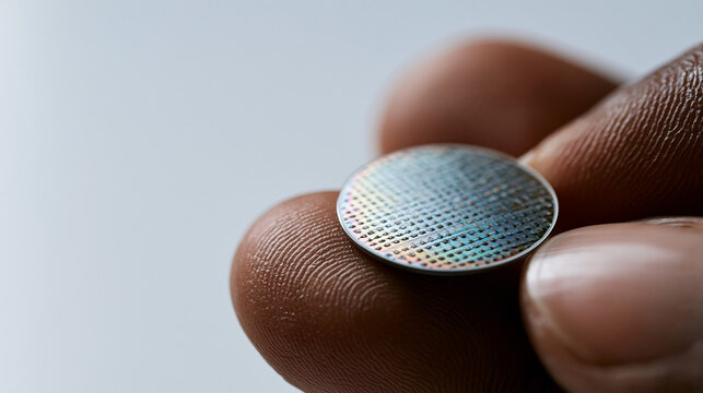 Single graphene supercapacitor wafer balanced on a fingertip against a pure white background, iridescent carbon layers shimmering under directional studio light, micro-circuitry