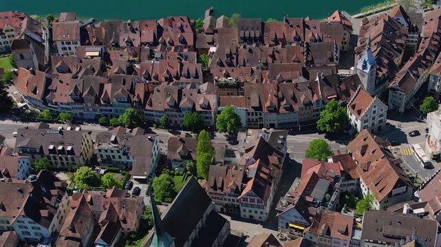Aerial view around the old town of the city Zug, switzerland on a sunny spring noon.