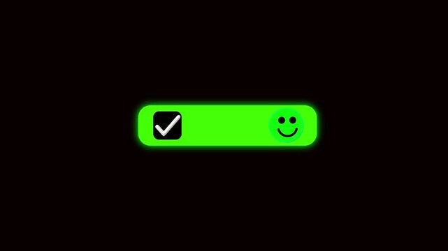 Green glowing checkbox UI with happy smiley face digital approval and success feedback animation for web and app interface 4k video.