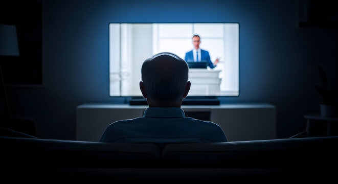 Man Watching Engaging Presentation on Television in Dark Room with Soft Ambient Light from Screen During Evening in Modern Interior Setting