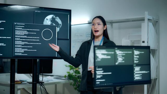 Female software developer presenting source code technical concepts team meeting office representing software development leadership collaboration artificial intelligence information technology.