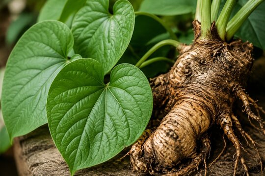 Close-up of a kava plant's heart-shaped leaves and textured root.