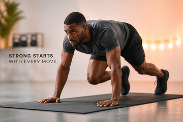 Fototapeta premium A muscular man is performing a push-up on a mat in an indoor gym setting.