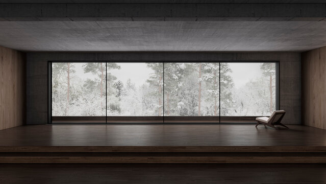 Modern empty interior with armchair and panoramic snowy forest view