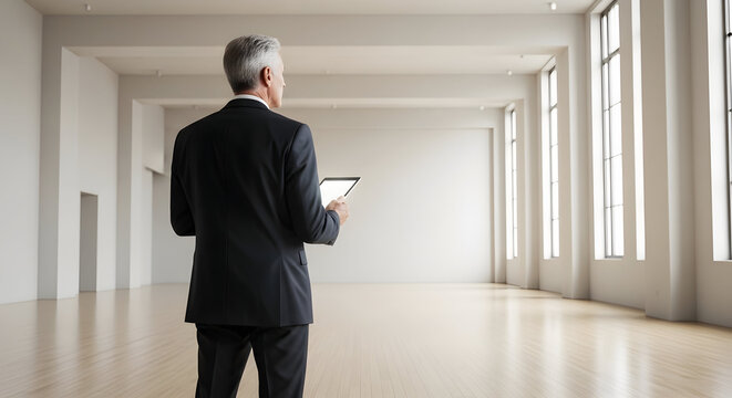 Businessman in Suit Holding Tablet and Standing in Bright, Empty Room with Large Windows in Modern Office Setting