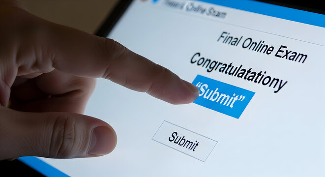 Finger Pressing Submit Button on Tablet Screen for Final Online Exam Completion with Congratulatory Message
