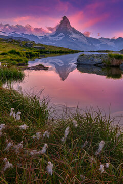 Matterhorn mountain with reflection on Stellisee lake at sunset, Zermatt, Switzerland
