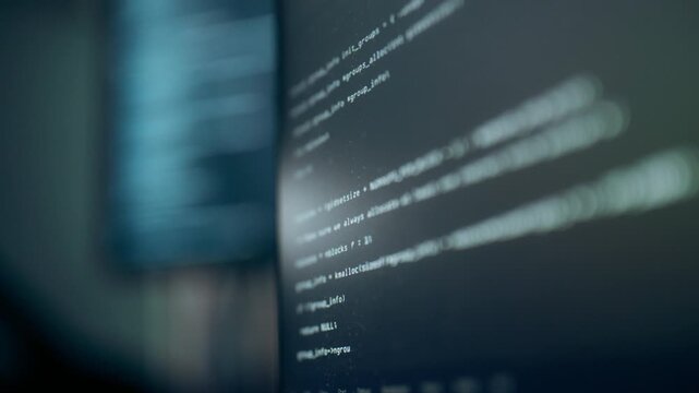 Close-up of source code displayed on a computer monitor in a modern development environment, representing software engineering, programming, cybersecurity, web development digital technology concepts