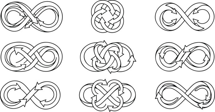 Interlocking infinite loop recycling arrows monochrome line art style seamless pattern