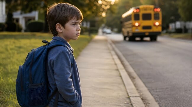 Disappointed child watching school bus leave