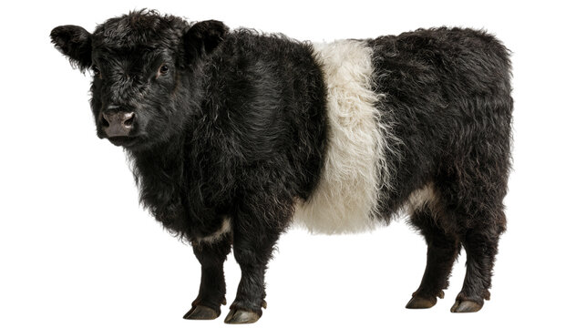 Black and white shaggy cow with furry coat standing on transparent background calf bull hairy animal