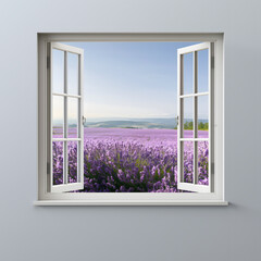 Decorative open window wall mural with a realistic lavender field view, bringing fresh countryside scenery into modern home interiors. © Penkinn